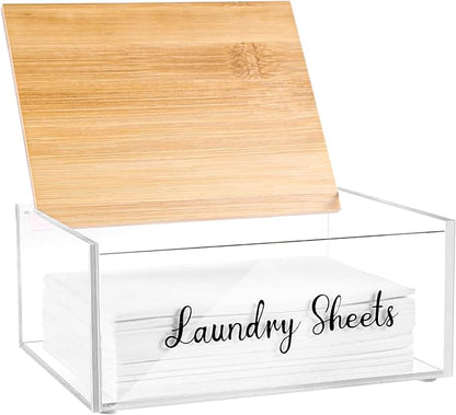 Acrylic Laundry Detergent Sheets Holder with Bamboo Lid, Laundry Soap Sheets Container Box Dispenser for Laundry Room