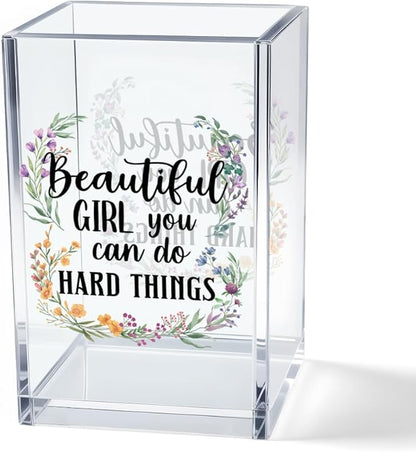 Beautiful Girl You Can Do Hard Things Acrylic Makeup Brush Organizer Holder, Encouraging Gift for Women Friend, Daughter Graduation Gifts, Cheer Up Gifts for Women Daughter Makeup Lover
