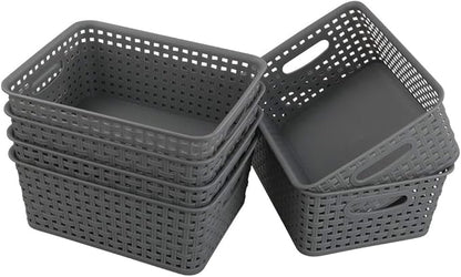 Sandmovie Grey Plastic Rattan Storage Baskets, 6 Packs