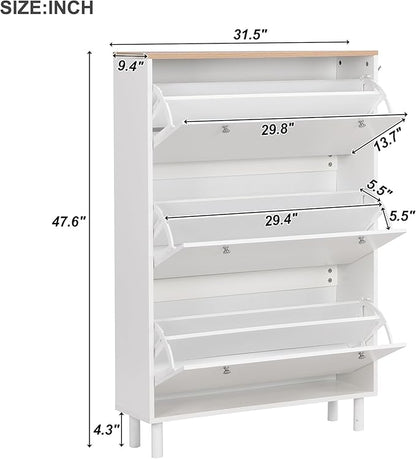 Contemporary Shoe Cabinet with 3 Flip Doors Free-Standing Wooden Shoe Rack Shoe Storage Organizer for Entryway Hallway Small Space (White&Natural)