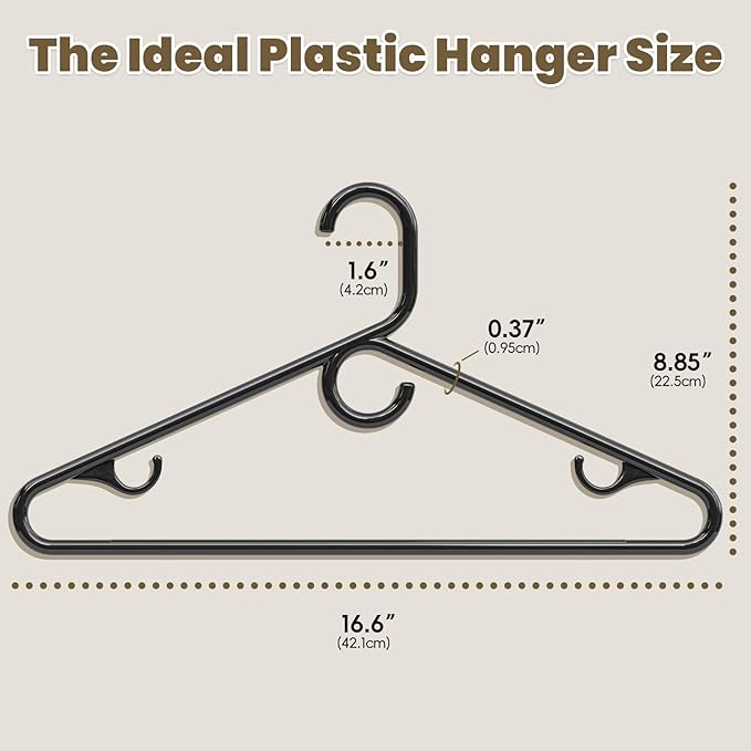 Black Plastic Hangers 18 Pack, Heavy Duty Clothes Hangers with Center Hook & Non-Slip Pants Bar for Standard Size Shirts, Pants, Coat, Dresses, Jackets, Scarves and Belts