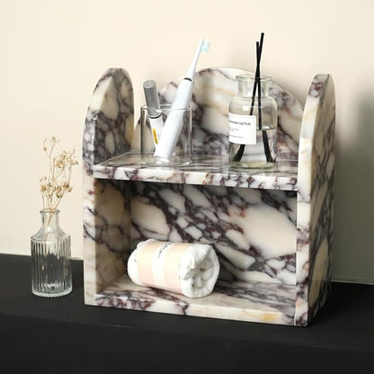 DUANYAN Marble Bathroom Counter Organizers and Storage, 2-Tier Luxurious Makeup Organizer for Perfume Cosmetic Skincare Jewelry, Natural Marble Counter Shelf, No Assembly Required