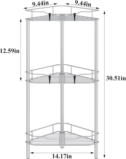 HuggieGems 3 Tier Floor Standing Corner Shower Caddy Organizer Shelf with Hooks, Bathroom Shelves Stand Rack, Silver