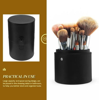 Portable Makeup Brush Holder with Lid - Elegant Pu Leather Makeup Bag Black Brush Organizer for Travel Compact Storage Bucket with Buckle Protective Lid, Easy to Clean, 7.9in X 5.19in