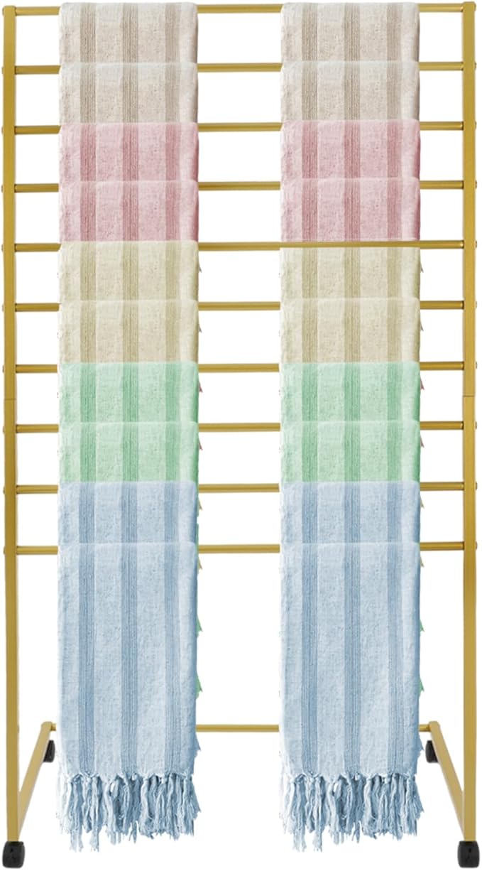 10 Tier Metal Scarf Holder Organizer, Freestanding Hijab Rack, Floor-Standing Hijab Stand for Boutique Display, Retail Store, Bedroom (Gold, 10 Tier)