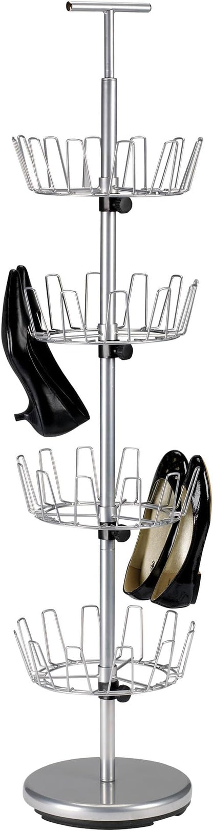 Household Essentials 4-Tier Revolving Shoe Tree, Heavy-Duty Steel with Stabilized Base, Holds 24 Pairs of Shoes, Great for Most Styles, Chromelike Finish