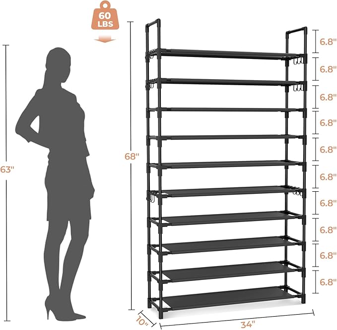 LANTEFUL Tall Shoe Rack 10 Tier Shoe Organizer Large Shoe Shelf with 18 Hooks Storage for 50 Pair, Stackable Vertical Shoe Rack Organizer for Closet, Entryway, Bedroom