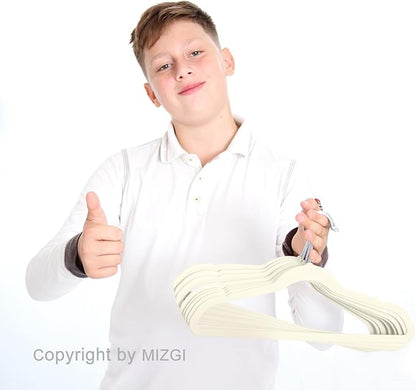 MIZGI Kids Velvet Hangers,Non-Slip Big Kids Hangers,14 Inch Hangers for Youth,Teen Clothes,Pack of 50（Ivory/Silver）