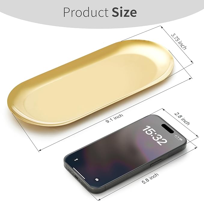 3 Pack Gold Trays for Decor, Stainless Steel Decorative Tray, Small Vanity Tray for Bathroom, Elegant Jewelry Tray for Holding Perfume, Keys, Wallet, Business Cards, Candle, Oval