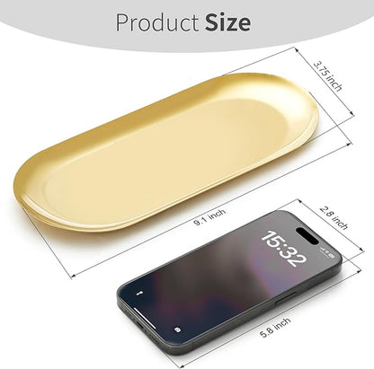 3 Pack Gold Trays for Decor, Stainless Steel Decorative Tray, Small Vanity Tray for Bathroom, Elegant Jewelry Tray for Holding Perfume, Keys, Wallet, Business Cards, Candle, Oval