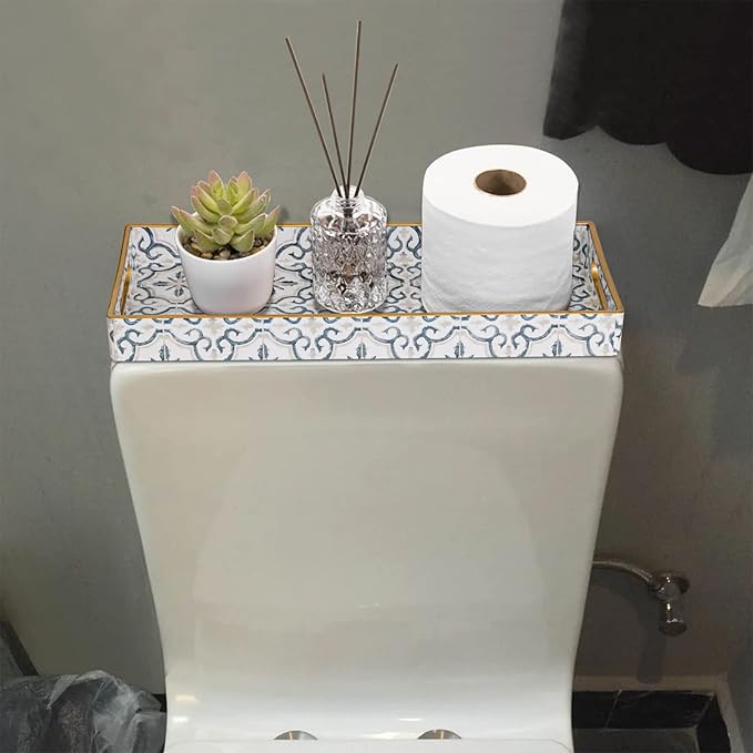 MAONAME White Decorative Tray, Plastic Serving Tray with Handles, Rectangular Moroccan Trays, Long Narrow Trays for Bathroom, Kitchen Counter, 13.8" X 6" X 1.57"