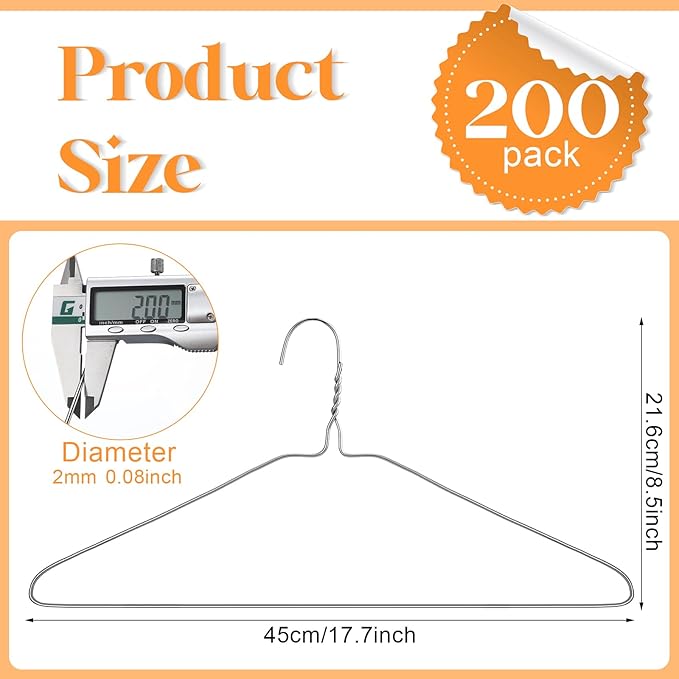 Yuntau 200 Pcs Wire Hangers Bulk 17.7" Dry Cleaner Hangers, Suit Holders for Home Caped Clothing (Silver)