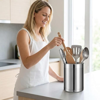 KSENDALO Stainless Steel Utensil Holder for Counter 5.0" Diameter, Brushed Metal Utensil Crock Canister for Cooking Utensils on Countertop, with Heavy Base, Dishwasher Safe,Silver