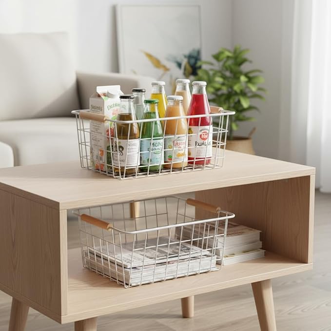 White Metal Wire Food Storage Basket with Wooden Handles for Organizing Snack Basket,Pantry Organizers and Storage for Kitchen Cabinets 4 Pack (Medium)