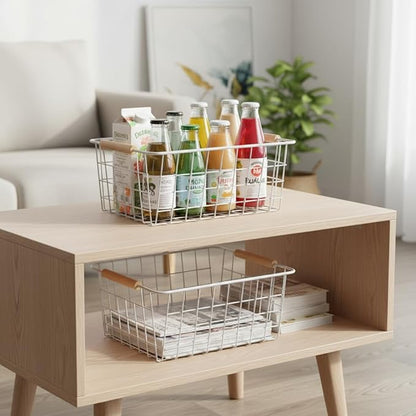White Metal Wire Food Storage Basket with Wooden Handles for Organizing Snack Basket,Pantry Organizers and Storage for Kitchen Cabinets 4 Pack (Medium)
