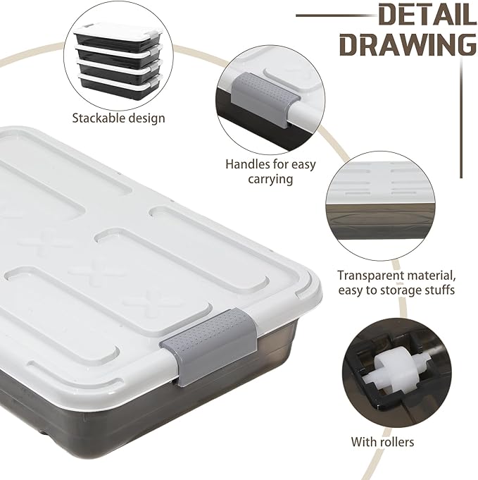 Beeveer 4 Pcs Plastic Under Bed Storage Containers with Lid Wheel Handle, Transparent Large Capacity Stackable Latching Storage Bins for Closet Bedroom Clothes Shoes (Brown,23.7 x 15.8 x 5.2)