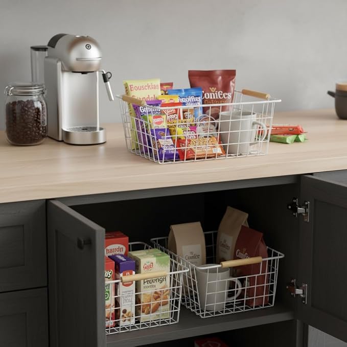 Metal Wire Food Storage Basket Organizer with Wooden Handles for Organizing Kitchen Cabinets 6 Pack White (3 Szie)