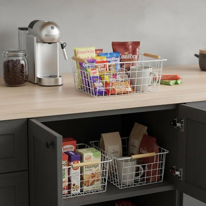 Metal Wire Food Storage Basket Organizer with Wooden Handles for Organizing Kitchen Cabinets 6 Pack White (3 Szie)