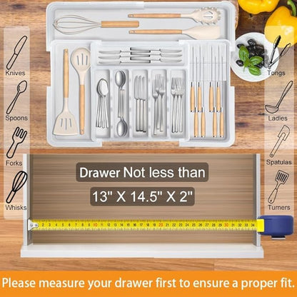 Silverware Organizer Expandable Utensil Drawer Organizer Adjustable Drawer Organizer, Flatware Cutlery Silverware Tray for Spoons Forks Knives Kitchen Organizers Storage (White Plus)