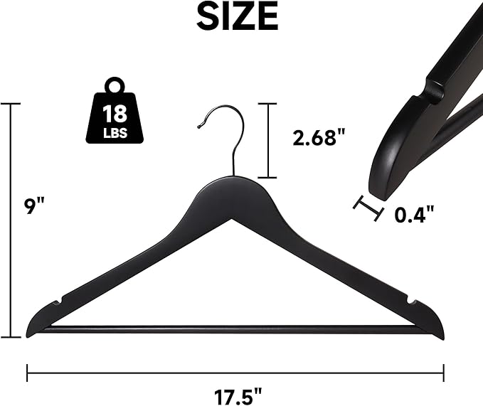 Quality Wooden Clothes Hangers, Solid Wood Suit & Coat Hangers with Pants Bars, Swivel Hook, Shoulder Notches, Heavy Duty Hangers for Shirts, Jackets, Dresses & Trousers(Black/96-Pack)