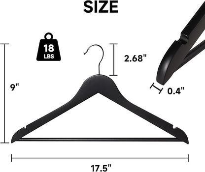 Quality Wooden Clothes Hangers, Solid Wood Suit & Coat Hangers with Pants Bars, Swivel Hook, Shoulder Notches, Heavy Duty Hangers for Shirts, Jackets, Dresses & Trousers(Black/72-Pack)