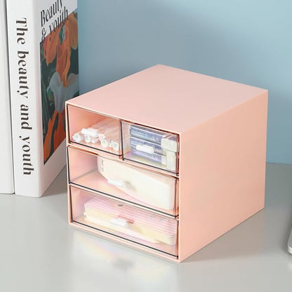 MILULUGO Makeup Organizer with 4 Drawers, Desk Organizer, Cosmetics Storage Box for nail polish, Lipstick, Brushes, Jewelry, Skincare, Bathroom Organization Boxes - Pink