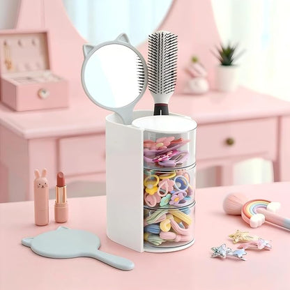 Hair Accessories Organizer with Hair Brush Holder, Rotatable Makeup Brush and Jewelry Storage Box for Hair Clips, Earrings, Necklaces, Bracelets, Rings, and Daily Accessories (White, 3-Layer)