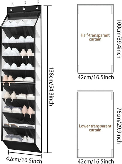 WERNNSAI Over the Door Shoe Organizer with Clear Curtain Dustproof, 9-Shelf Shoe Rack, Deep Pockets Large Hanging Shoes Rack for Closet Door Dorm Bedroom Guest Room Black