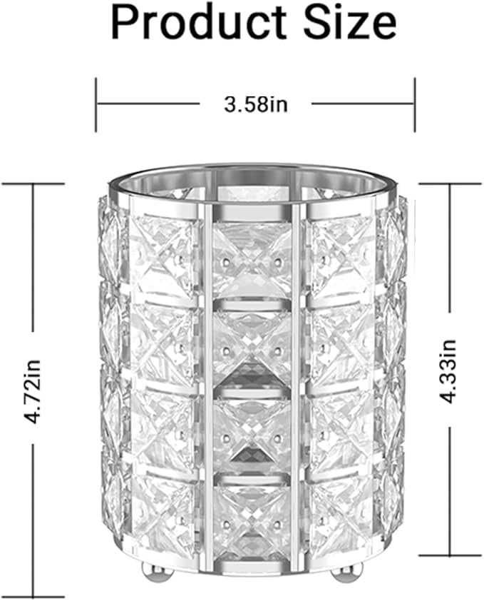 LUGUNU Makeup Brush Holder with Silver Crystal Bling – Elegant Vanity Organizer for Brushes, Pens & Pencils, Ideal for Bathroom or Office Countertop(1Pack)