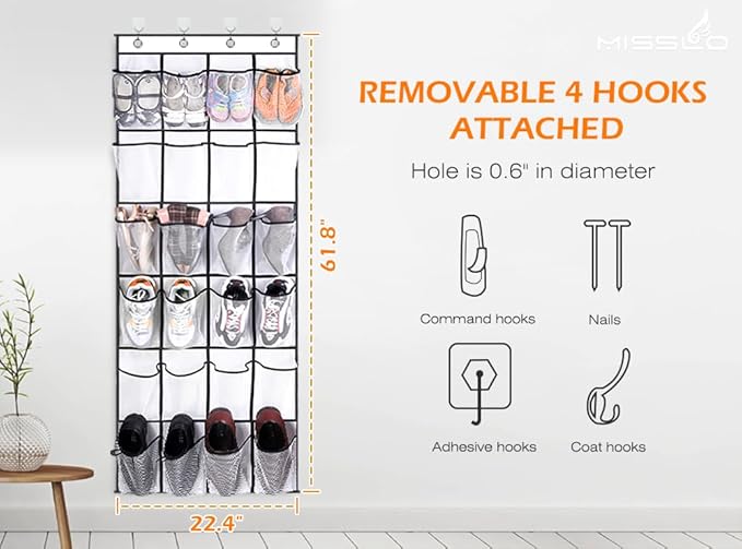 MISSLO 24 + 28 Large Pockets Over The Door Shoe Organizer Mesh Pockets and Over The Door Shoe Rack Hanging Sneaker Organizer for Closet