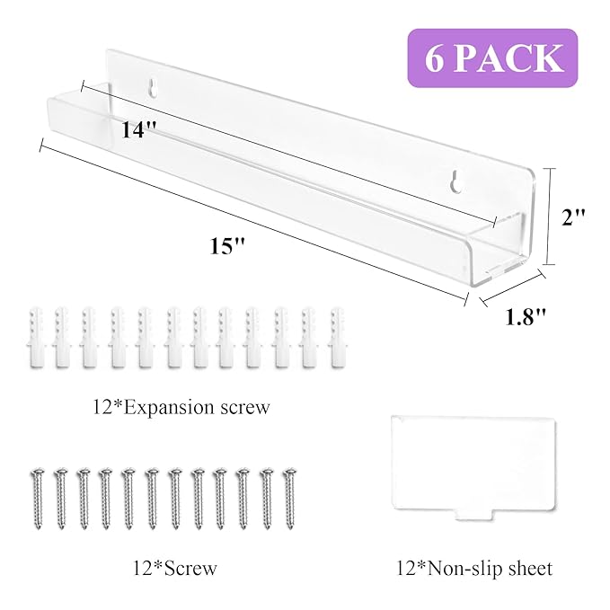 Nail Polish Organizer Wall Mounted, 6 Pack Clear Nail Polish Wall Rack, Acrylic Display Shelf Stand Holder for Paint Tattoo Ink Essential Oil Alcohol Holds Up to 90 Bottles,15 Inch
