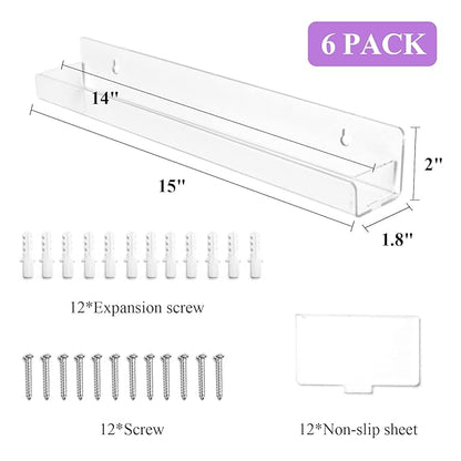 Nail Polish Organizer Wall Mounted, 6 Pack Clear Nail Polish Wall Rack, Acrylic Display Shelf Stand Holder for Paint Tattoo Ink Essential Oil Alcohol Holds Up to 90 Bottles,15 Inch