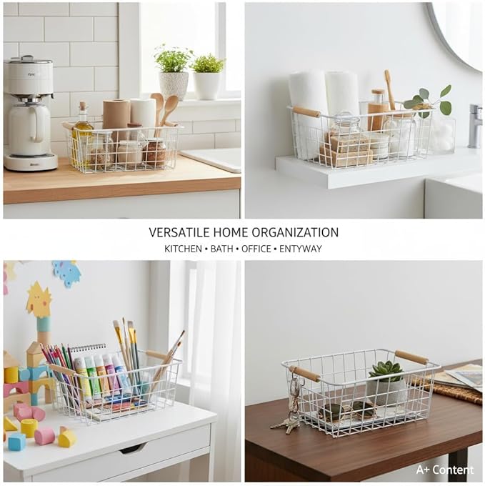 Metal Wire Food Storage Basket Organizer with Wooden Handles for Organizing Kitchen Cabinets 6 Pack White (3 Szie)
