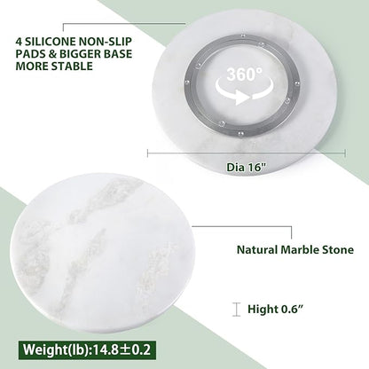 Marble Lazy Susan, 16 in Lazy Susan Turntable Organizer for Cabinet Pantry Kitchen Countertop Fridge Bathroom Makeup Vanity Countertop - White