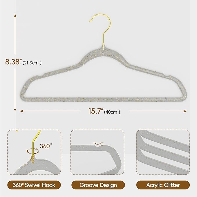 50 Pack Clear Plastic Hangers with Gray Glitter, Acrylic, Ultra Slim, Space Saving, for Coats, Pants, Suits, Shirts, Skirts, Dress Clothes