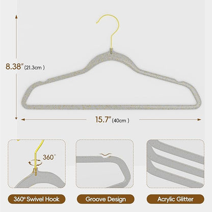 50 Pack Clear Plastic Hangers with Gray Glitter, Acrylic, Ultra Slim, Space Saving, for Coats, Pants, Suits, Shirts, Skirts, Dress Clothes