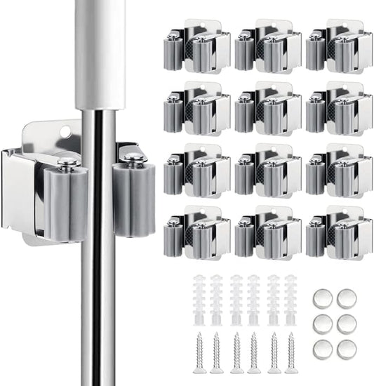JAMEND CLXP 12PCS Broom and Mop Holder, Heavy Duty Garden Tool Organizer Rack Rake and Shovel Handle, Stainless Steel Mop Hanger. Wall Mounted Utility Rack with Screws, Silver.
