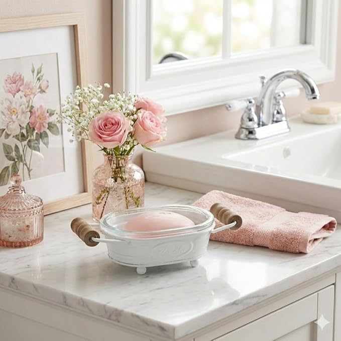 Autumn Alley White Farmhouse Soap Dish for Bathroom – Fun Kitchen Soap Tray – Farmhouse Bathroom Accessories – Rustic Soap Dish – Wooden Handles Add Vintage Appeal – Cute Bathtub Decor