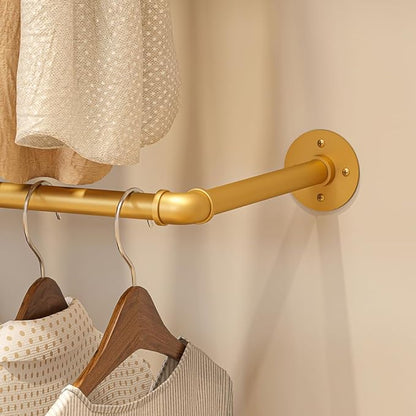 KaKaBB Heavy Duty Gold Pipe Clothing Rack - Wall Mounted Industrial Clothes Rack, DIY Corner Closet System with Shelves, Adjustable Walk-in Closet Organizer (GOLD, 94.5")