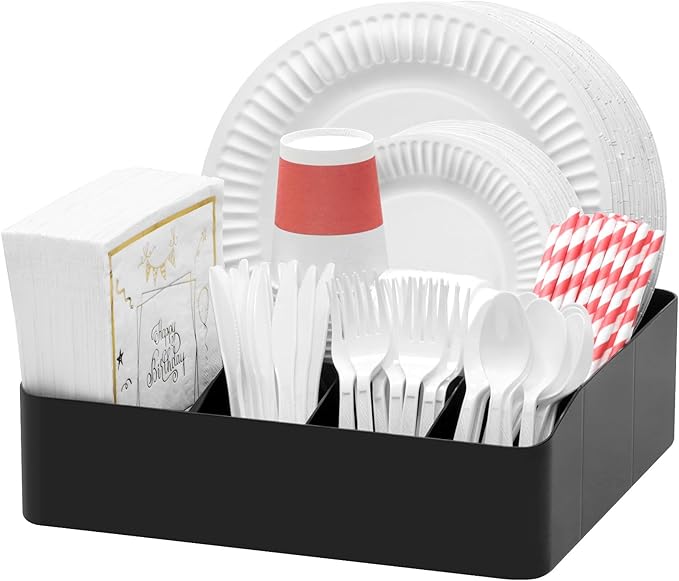 Lifewit Paper Plate Organizer for Kitchen Countertop, Plastic Silverware Caddy for Party, Utensil Holder with 7 Compartment, Cutlery Flatware Dispenser Box for Cup Spoon Fork Napkin, Black, 29 -31cm