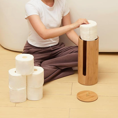 Gobam Bamboo Toilet Paper Storage with Dual-Use Lid, Freestanding Bathroom Tissue Organizer with Viewing Slot, Built-In Handle, Anti-Slip Base, Compact Toilet Paper Holder Stand for up to 3 Mega Rolls
