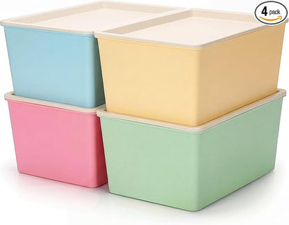 Menkxi 4 Pcs Storage Bins with Lids Plastic Stackable Containers for Organizing Shelves Christmas Ornament Box Baskets(Red, Green, Yellow, Blue,Small)