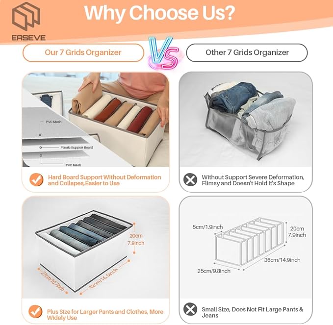 EASEVE Wardrobe Closet Organizer and Storage for Clothes - 7 Grids Foldable Drawer Dividers Organizers for Jeans | Pants | Shirts | Leggings, Stackable Clothing Bins for Closets Organization (1PCS)