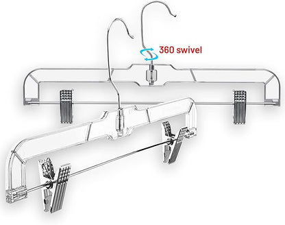 DEILSY™ Pants Hangers with Clips 12 Pack – 14 Inch Clear Plastic Skirt Hangers, 360° Swivel Hook, Clip Hangers for Pants, Skirts, Jeans, Shorts & Trousers – Space Saving, Non-Slip