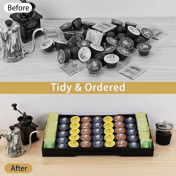 K Cup Holder Bamboo Coffee Pod Holder Drawer Organizer, Expandable K Cup Pod Storage Tea Bag Storage for Coffee Station Home Office and Kitchen （Black)