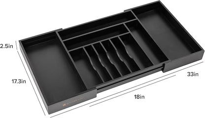 KitchenEdge Premium Silverware, Flatware and Utensil Organizer for Kitchen Drawers, Food-Safe Contract Grade, Expandable from 18 to 33 In, Black Bamboo