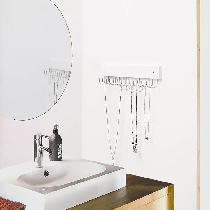 SCUNDA Hanging Jewelry Organizer Wall Mounted, Modern Jewelry Display with 28 Hooks, Decorative Necklace Holder for Wall, Space Saving Necklace Hooks, (2 Packs, White)