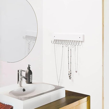 SCUNDA Hanging Jewelry Organizer Wall Mounted, Modern Jewelry Display with 28 Hooks, Decorative Necklace Holder for Wall, Space Saving Necklace Hooks, (2 Packs, White)