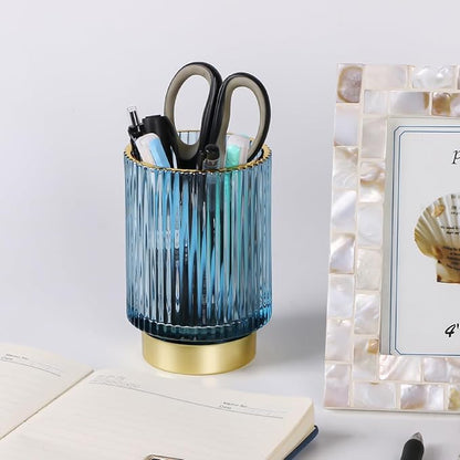 Glass Makeup Brush Holder, Blue Makeup Brush Holder for Vanity, Toothbrush Holders for Bathrooms, Desktop Makeup Organizer for Cosmetic, Brushes, Pen, Pencil