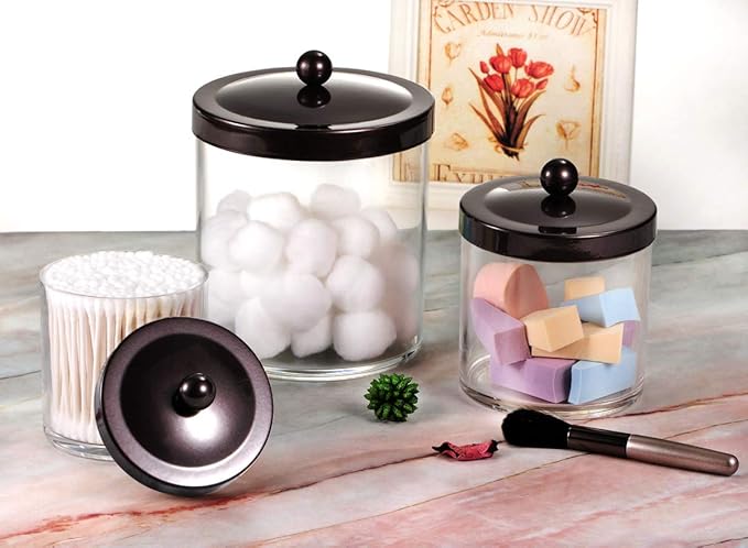 SheeChung 3-Pack Plastic Apothecary Jars with Bronze Metal Lids - Large 50oz, 25oz & 15oz Clear Acrylic Storage Set - Shatterproof Bathroom Vanity & Kitchen Organizer - Modern Farmhouse Rustic Decor